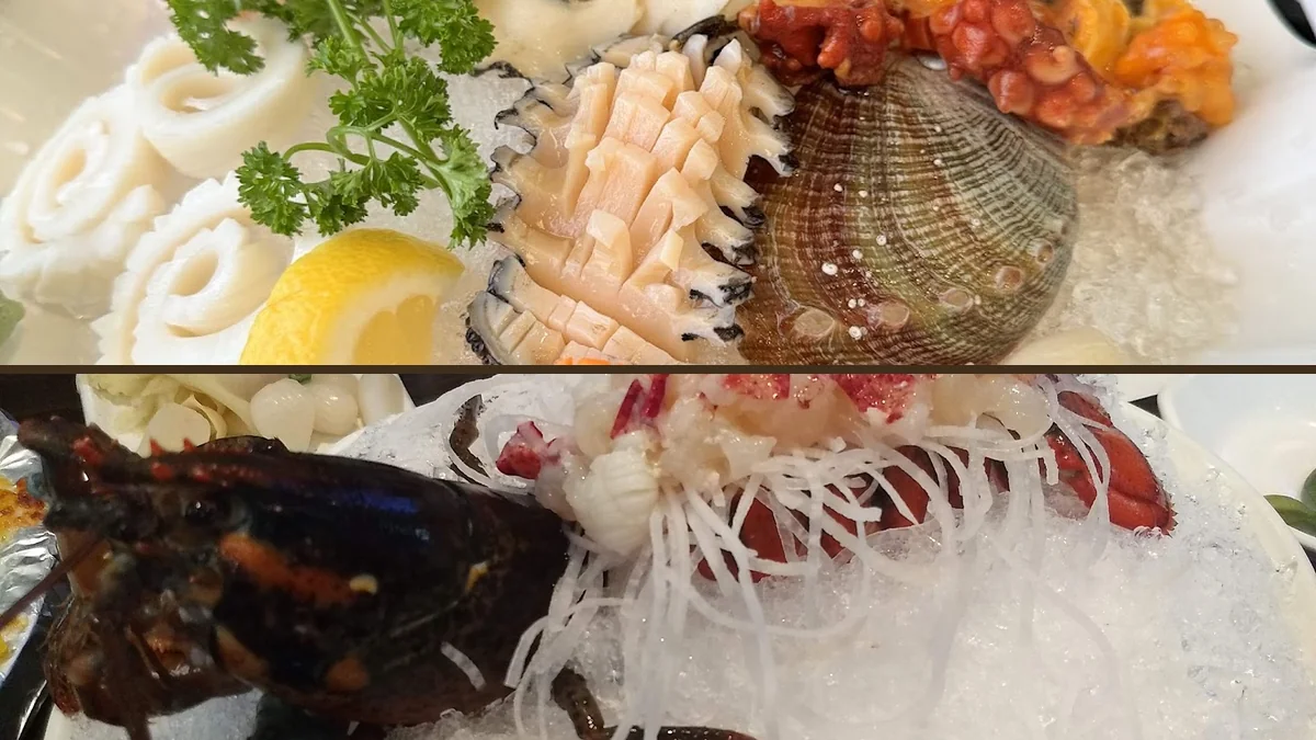 Sushi plates with sliced fish and rice.